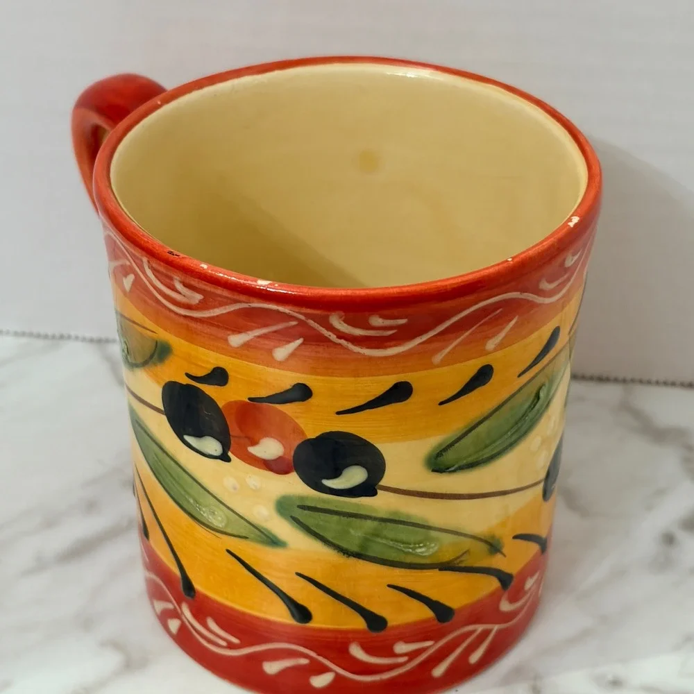 Hand Painted Mediterranean Olive Ceramic‎ Coffee Mug Red Orange Yellow Tuscan
